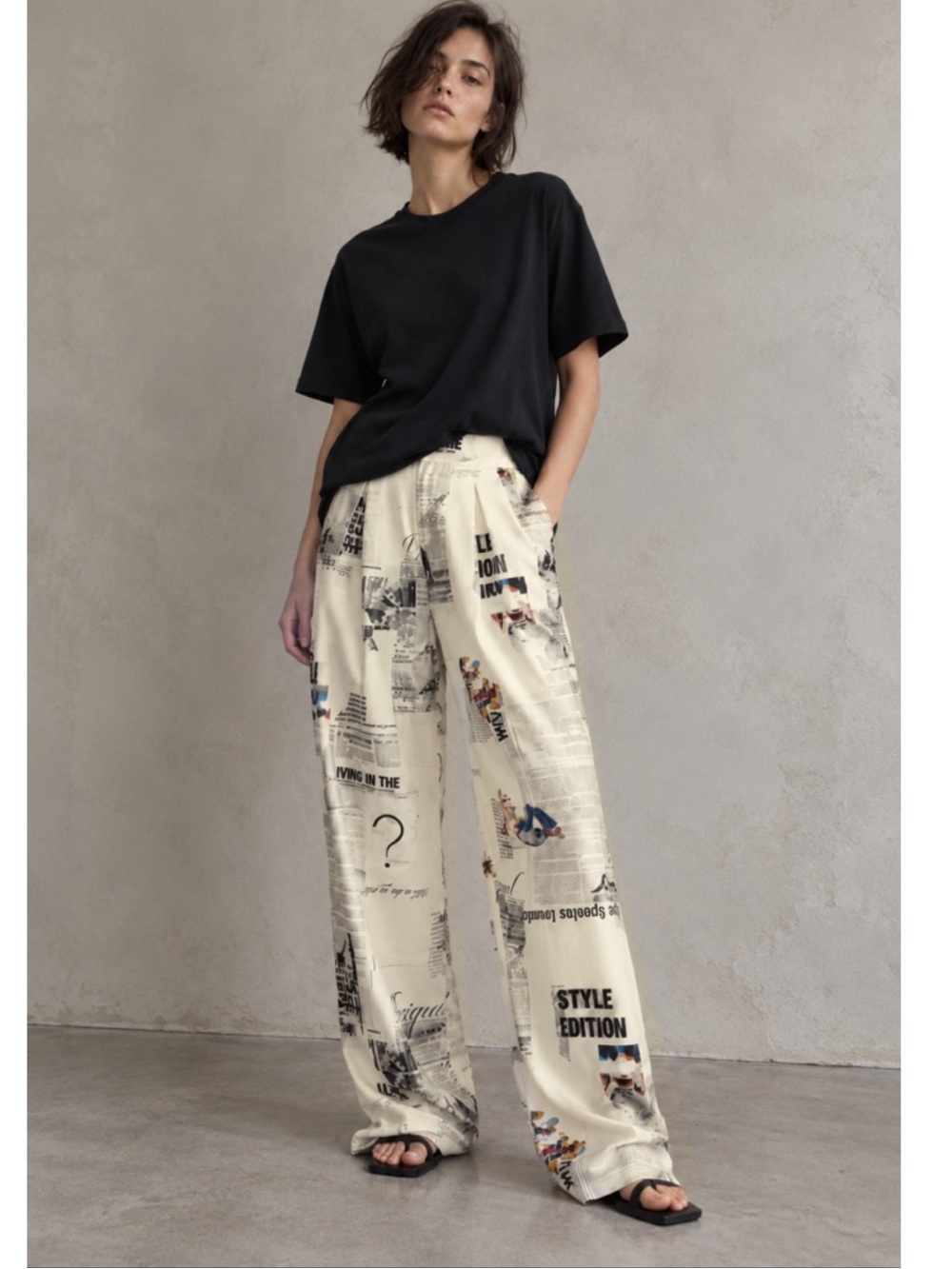 NWT Desigual Printed Wide-Leg Trousers Newspaper Print XS